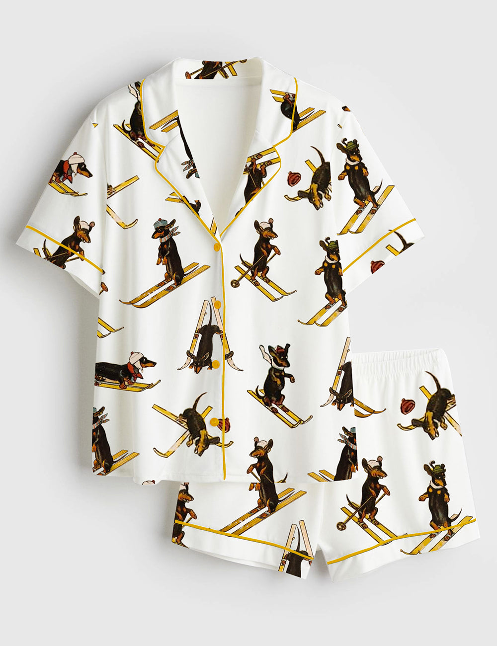 Women's Dachshund Sleigh Skiing Short Sleeve Satin Pajama Set