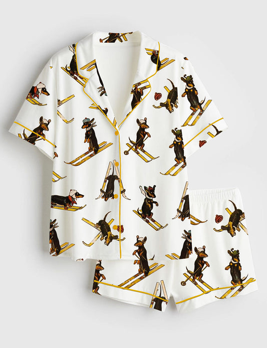 Women's Dachshund Sleigh Skiing Short Sleeve Satin Pajama Set