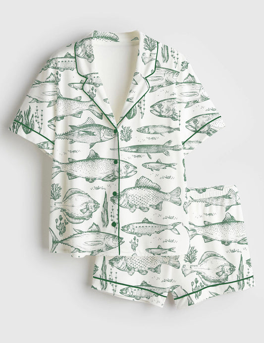 Women’s Vintage Fish Tattoo Style Bass Lovers Ocean Fisher Print Short Sleeve Satin Pajama Set