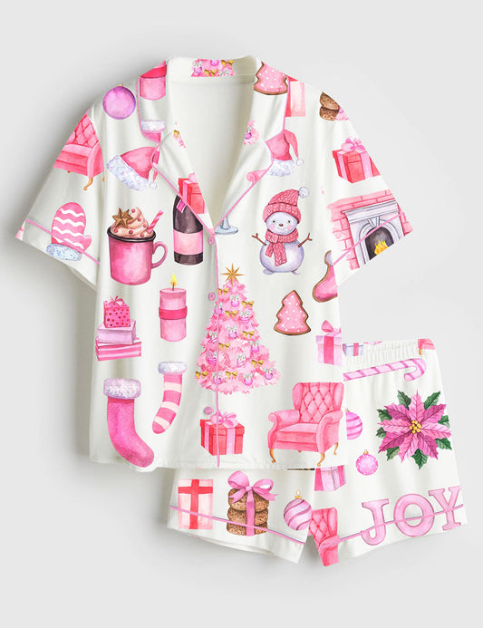 Women’s Watercolor Pink Christmas Truck Tree Short Sleeve Satin Pajama Set