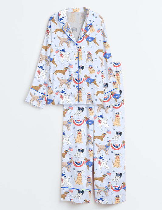 Women’s Patriotic Dog Art America Red White And Blue Summer Print Long Sleeve Satin Pajama Set