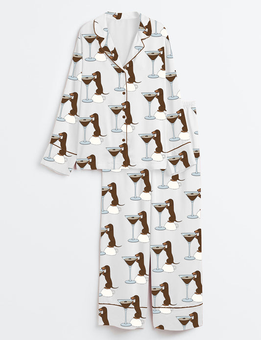 Women’s Dachshund Teeni Weeni Espresso Martini Long Sleeve Satin Pajama Set