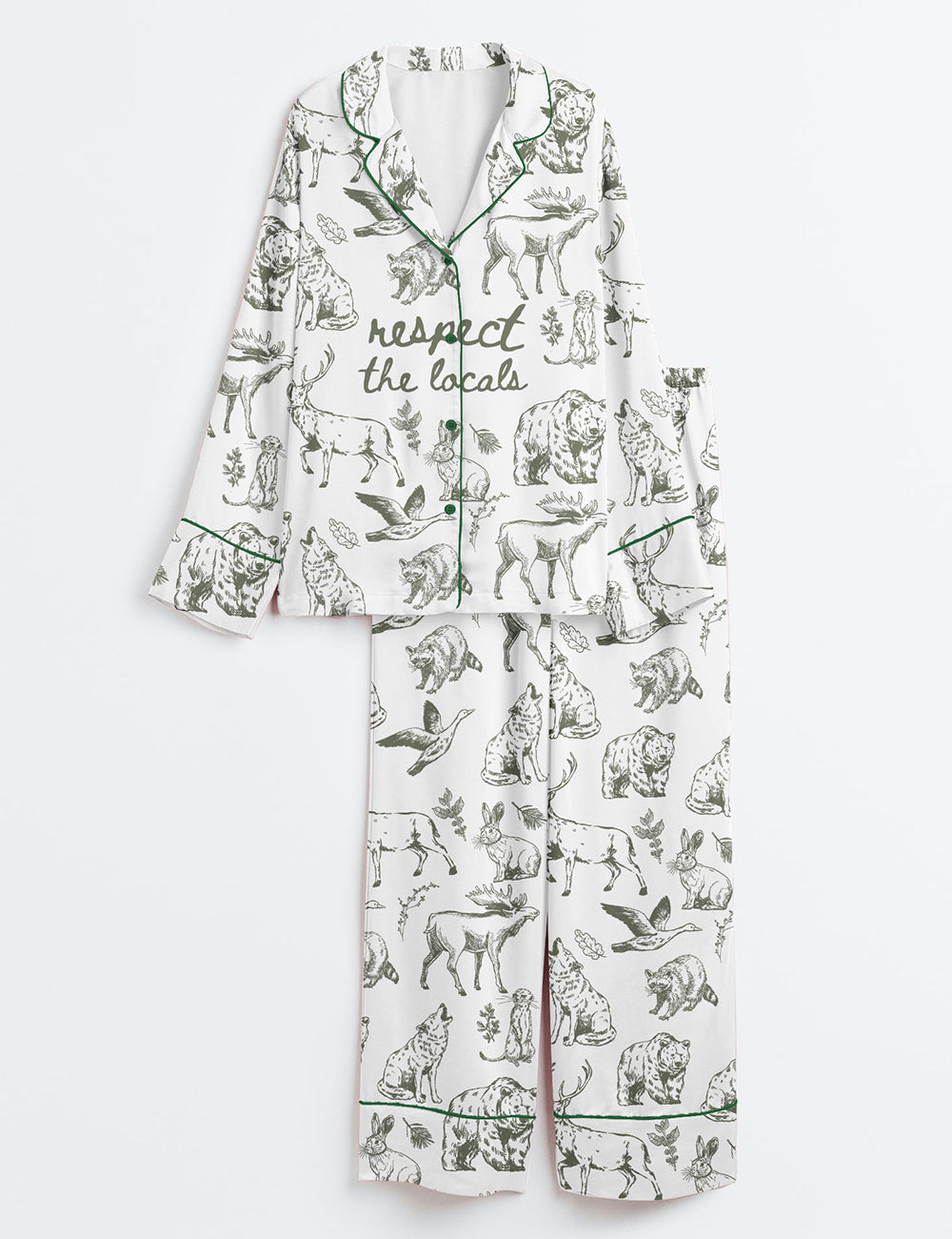 Women’s Respect The Locals Wildlife Granola Girl Woodland Animals Outdoor Print Long Sleeve Satin Pajama Set