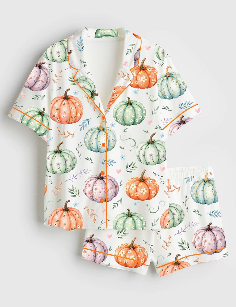 Women's Whimsical Floral Pumpkins Short Sleeve Satin Pajama Set