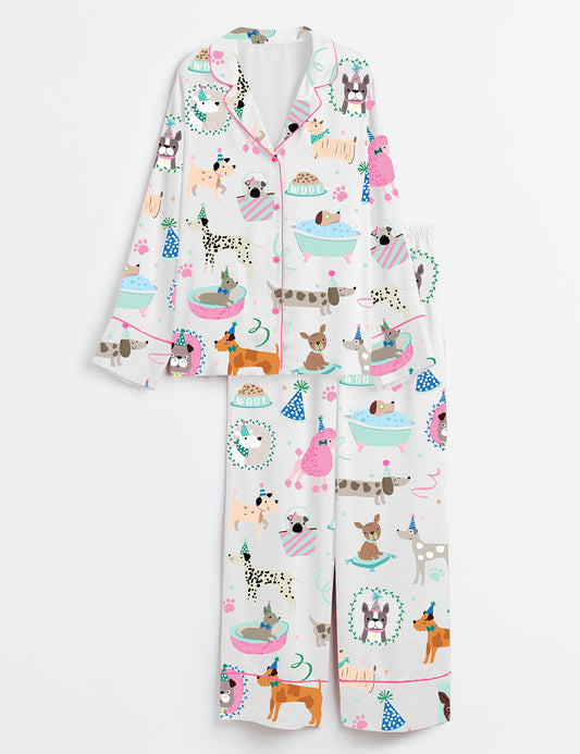 Women’s Pawty Pups Cute Dog Party Art Print Long Sleeve Satin Pajama Set