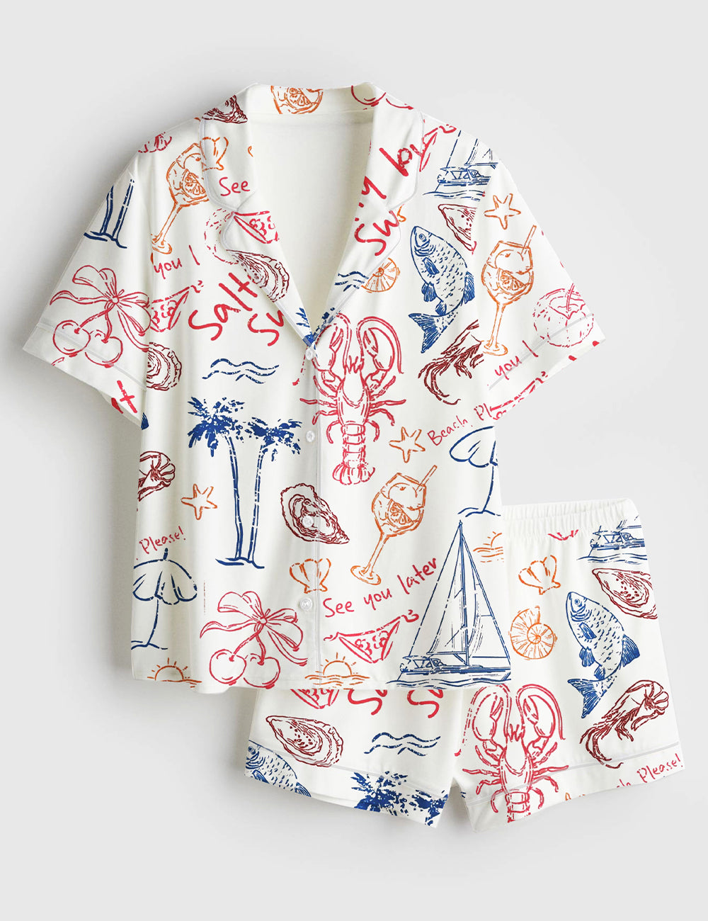 Women’s Salty But Sweet Retro Summer Coastal Beach Aesthetic Summer Cocktail Sea Food Lobster Print Short Sleeve Satin Pajama Set
