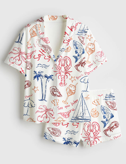 Women’s Salty But Sweet Retro Summer Coastal Beach Aesthetic Summer Cocktail Sea Food Lobster Print Short Sleeve Satin Pajama Set