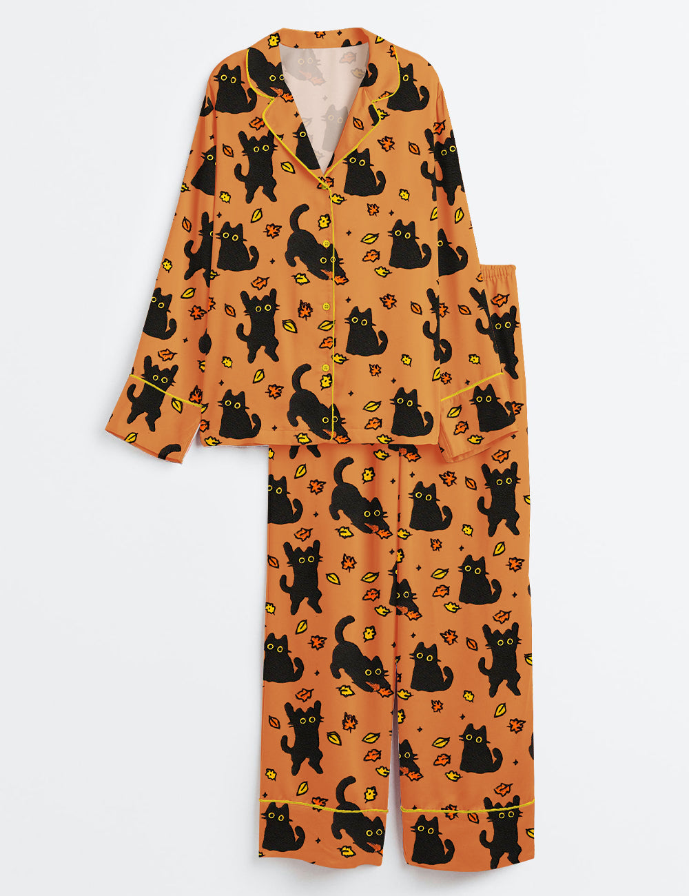 Women’s Black Cat Pouncing Leaves Cozy Fall Halloween Long Sleeve Satin Pajama Set