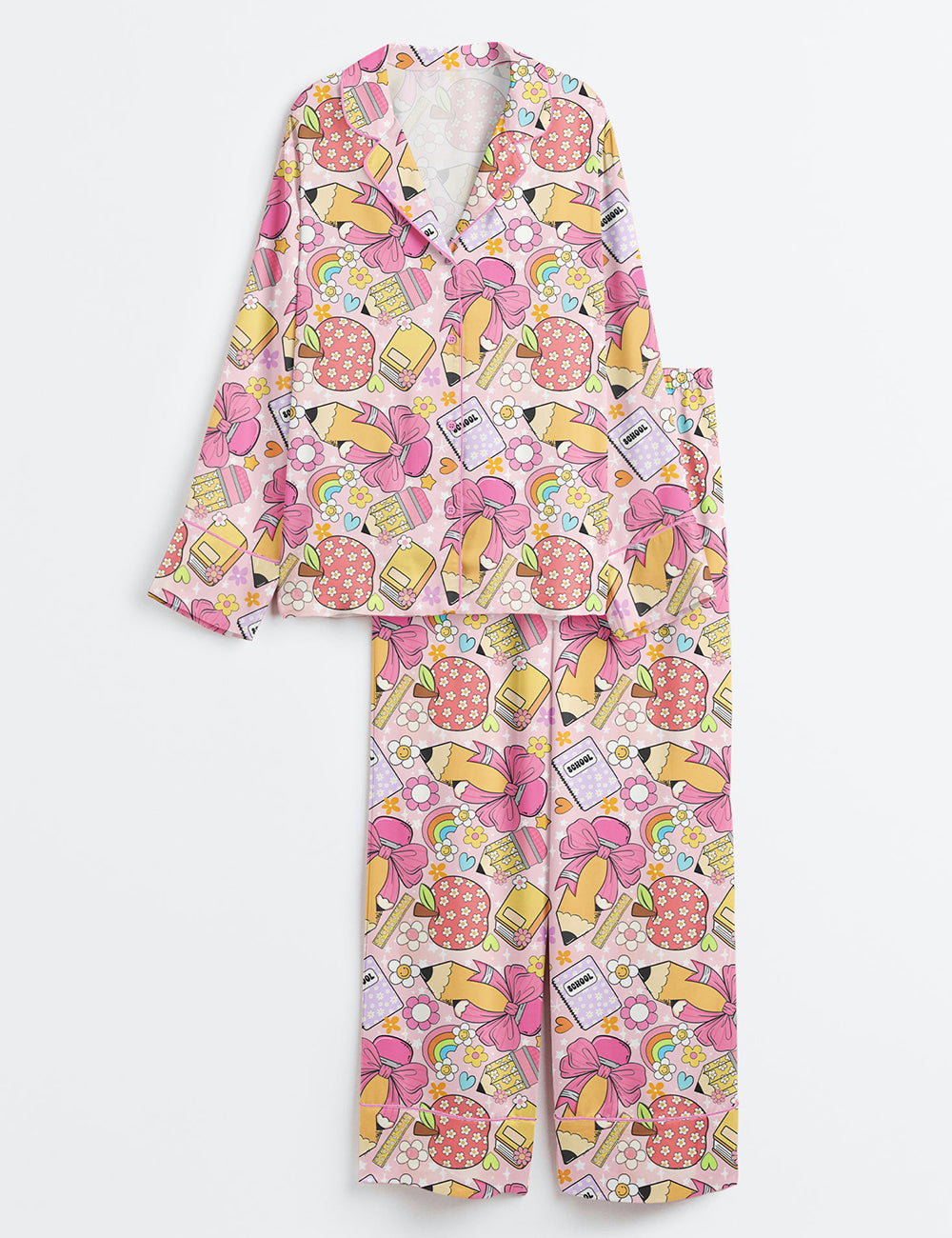 Women’s Retro Teacher Back To School Teacher Groovy School Daisy Books Pencil Print Long Sleeve Satin Pajama Set