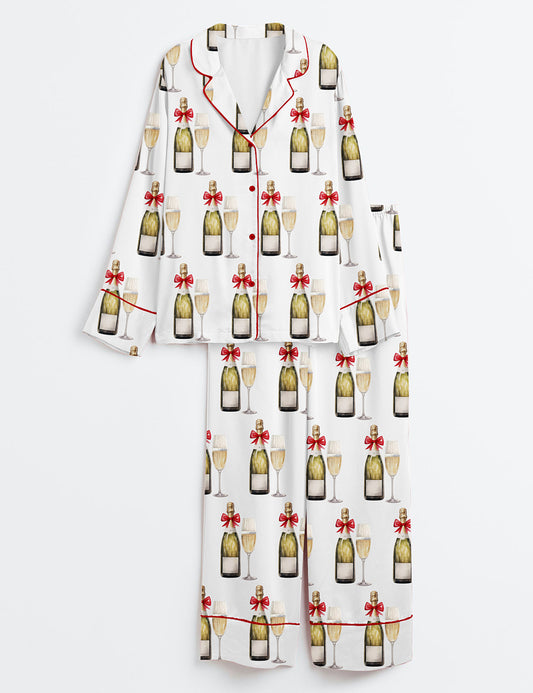 Women’s Christmas Champagne Eat Drink And Be Merry Long Sleeve Satin Pajama Set