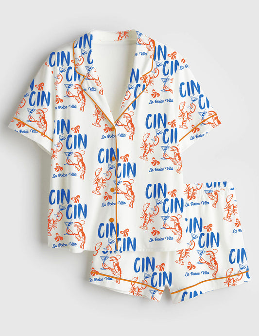 Women’s Martini Lobster Fisherman Aesthetic Lobster La Dolce Vita Coastal Ocean Beach Cocktail Print Short Sleeve Satin Pajama Set