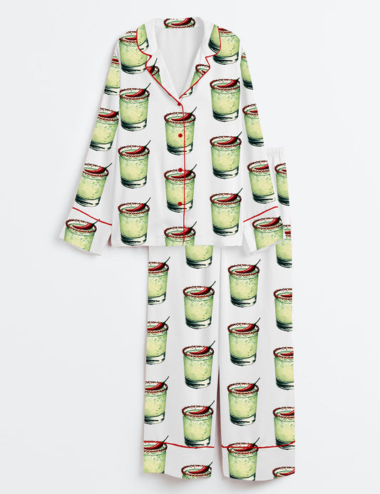 Women’s Chili Martini Cocktail Whiskey Long Sleeve Satin Pajama Set