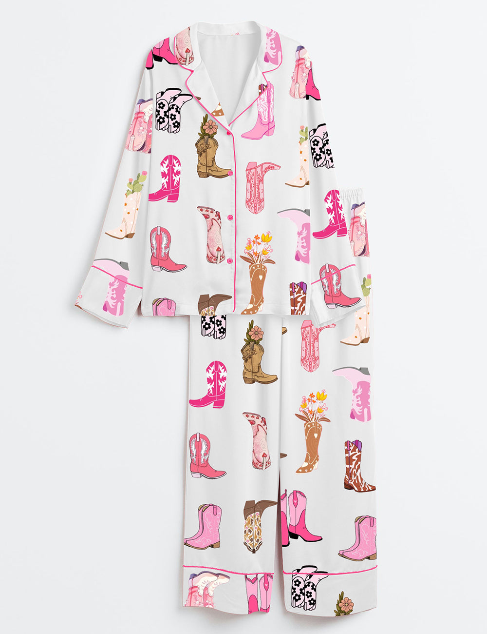 Women's Colorful Cowboy Boot Flowers Long Sleeve Satin Pajama Set