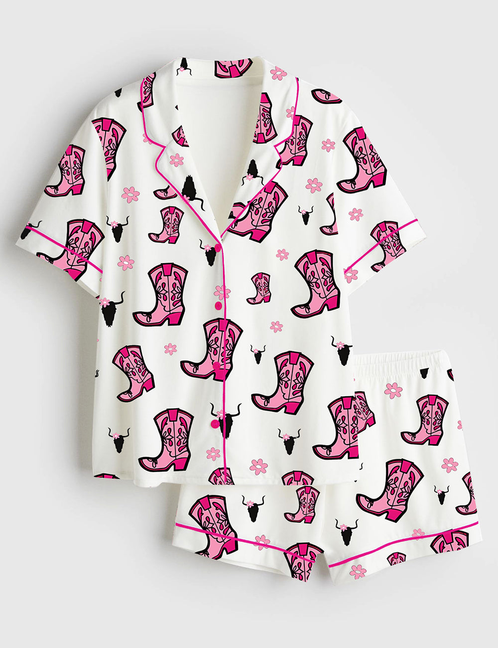 Women’s Western Cowgirl Retro Pink Cowgirl Boots Print Short Sleeve Satin Pajama Set