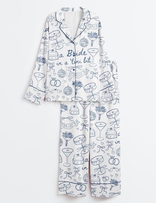 Women’s Espresso Martini Bachelorette Party Bride In A Tini Bit Martini Print Long Sleeve Satin Pajama Set