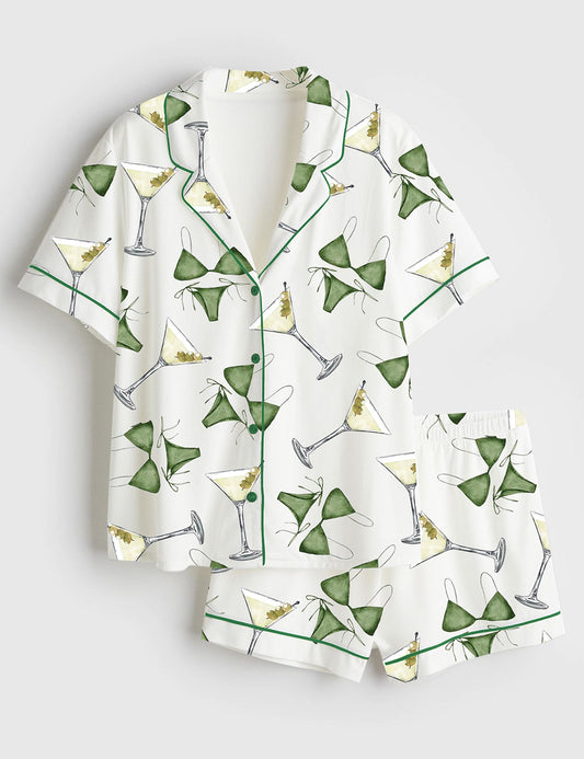 Women’s Bikinis And Martinis Cocktail Bachelorette Party Birthday Short Sleeve Satin Pajama Set
