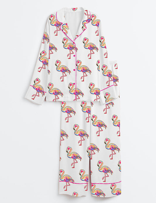 Women’s Summer Flamingo Preppy Summer Vibes Neon Beach Coastal Girly Summer Print Long Sleeve Satin Pajama Set