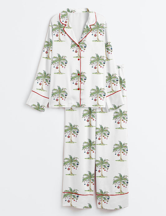 Women’s Tropical Christmas Aloha Holiday Beach Santa In July Hawaiian Print Long Sleeve Satin Pajama Set