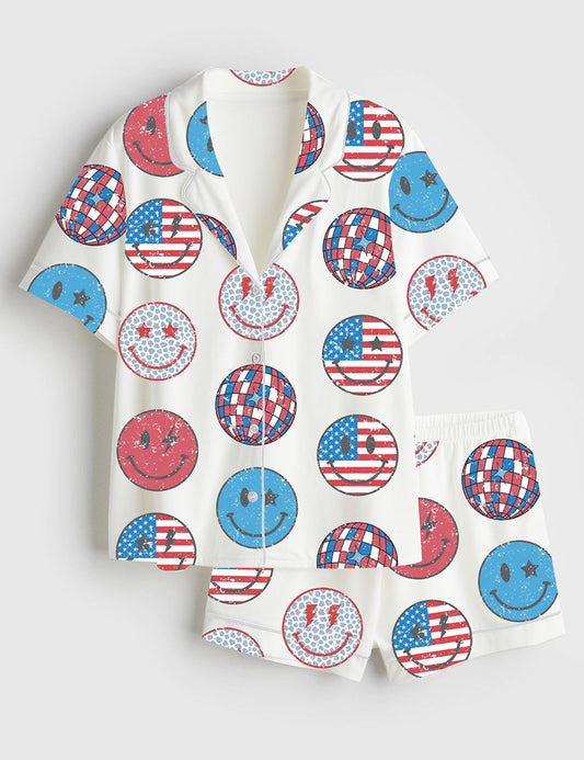 Women’s Patriotic Stars Stripes USA Flag 4th Of July American Flag Independence Day Red White Blue Smile Face Short Sleeve Satin Pajama Set