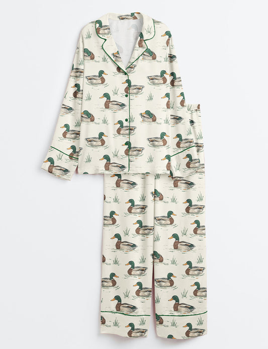 Women’s Watercolor Mallard Duck Duck Hunting Long Sleeve Satin Pajama Set