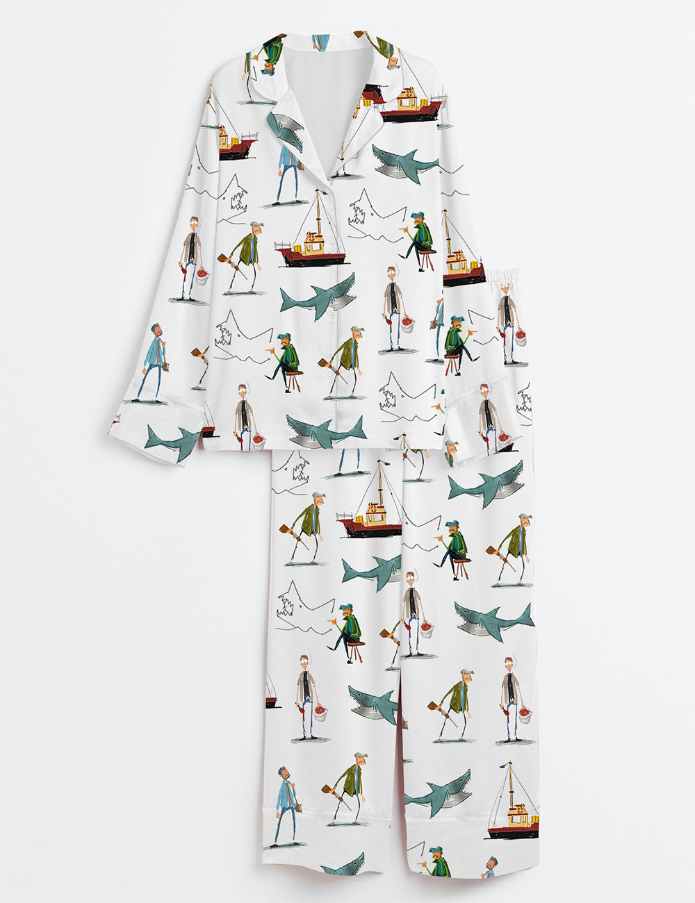 Women’s Shark Movie Amity Island Sea Travel Long Sleeve Satin Pajama Set