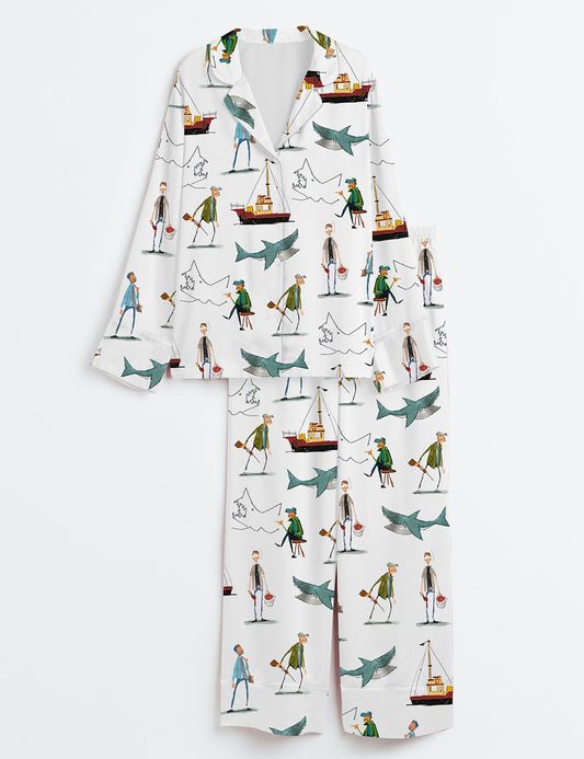 Women’s Shark Movie Amity Island Sea Travel Long Sleeve Satin Pajama Set