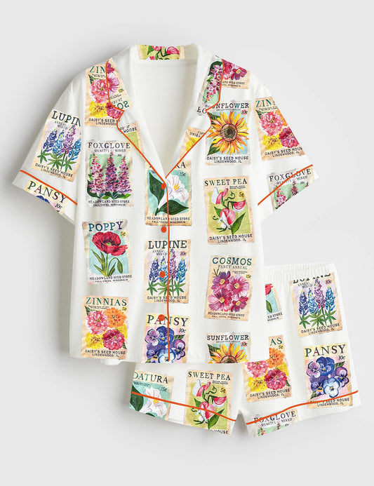 Women’s Seed Packet Flower Plant Short Sleeve Satin Pajama Set