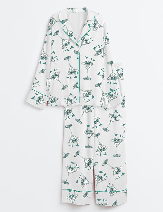 Women’s Golf Martini Augusta Masters Golf Tournament Preppy Cocktails Print Long Sleeve Satin Pajama Set