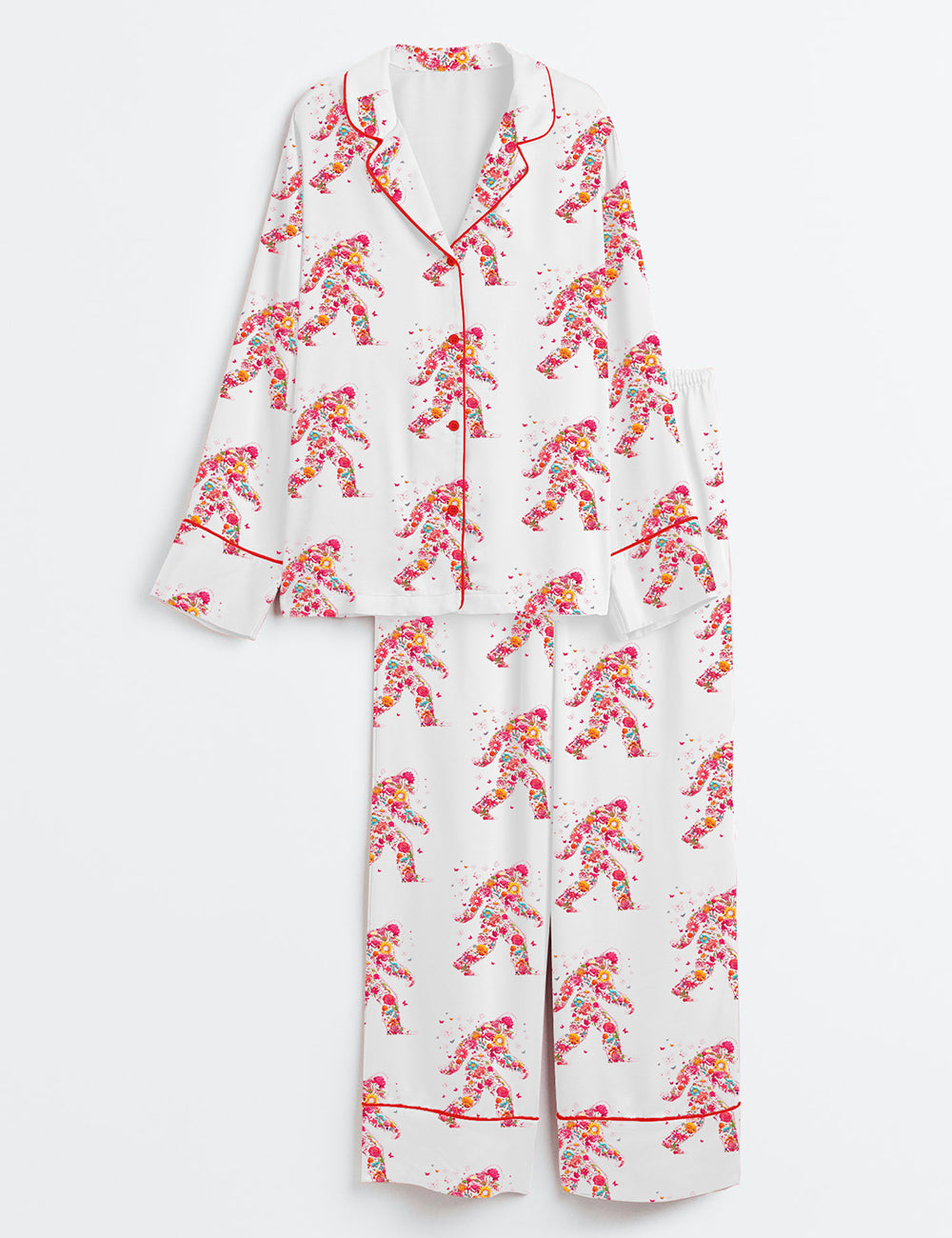 Women’s Big Foot Cute Floral Big Foot Adventure Nature Lover Print Long Sleeve Satin Pajama Set