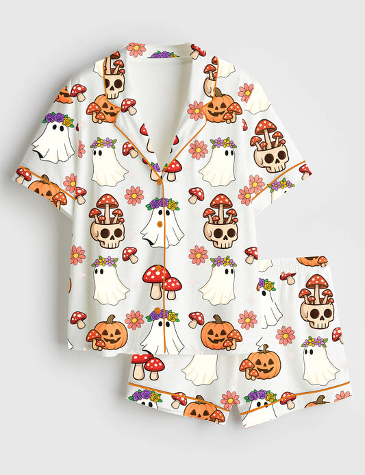 Women’s Ghost Mushroom Skull Halloween Short Sleeve Satin Pajama Set