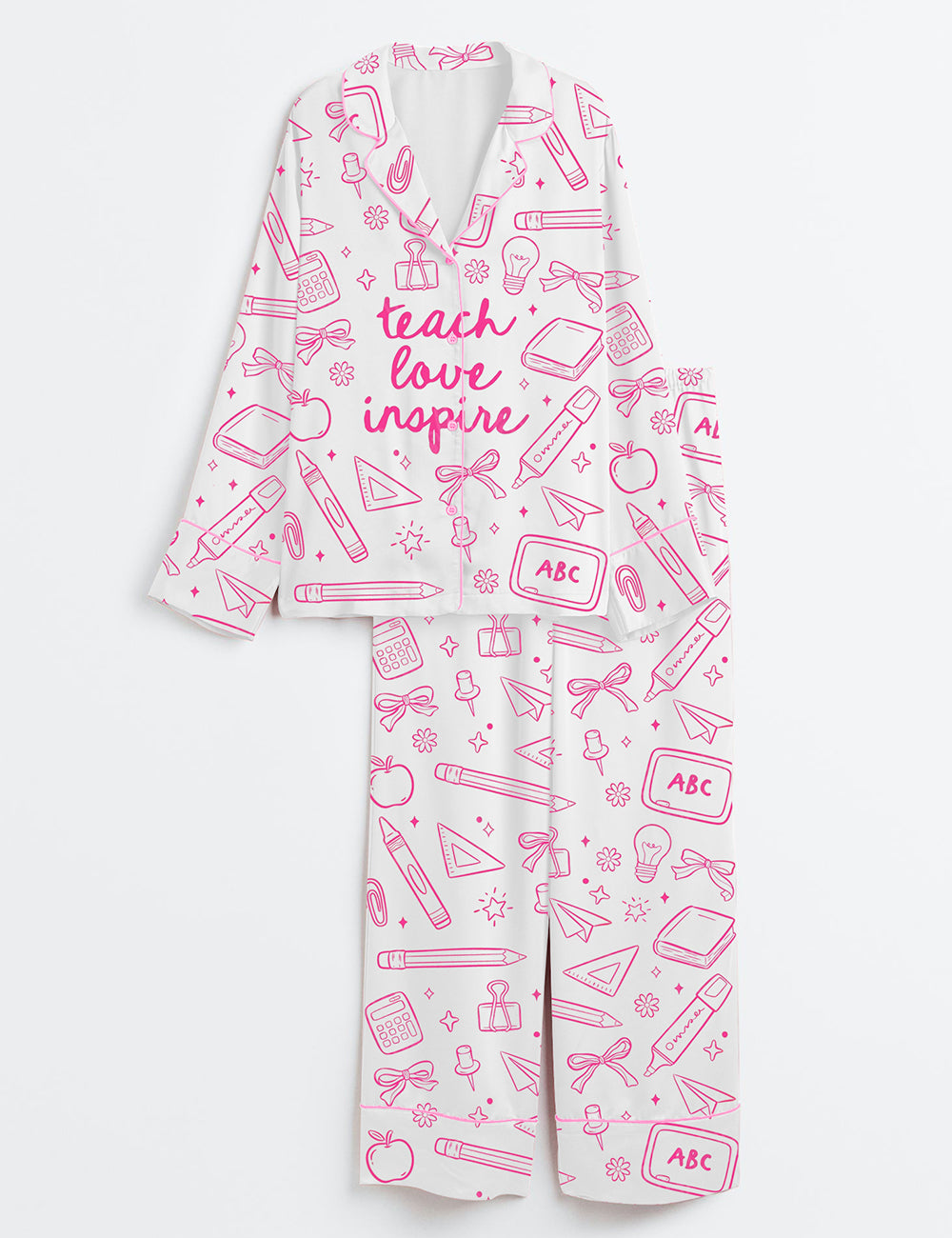 Women’s Teacher Doodle Teach Love Inspire Long Sleeve Satin Pajama Set