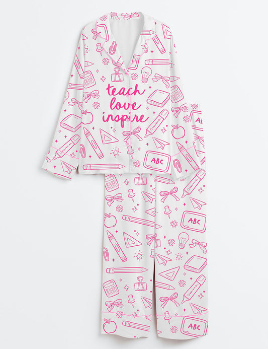 Women’s Teacher Doodle Teach Love Inspire Long Sleeve Satin Pajama Set