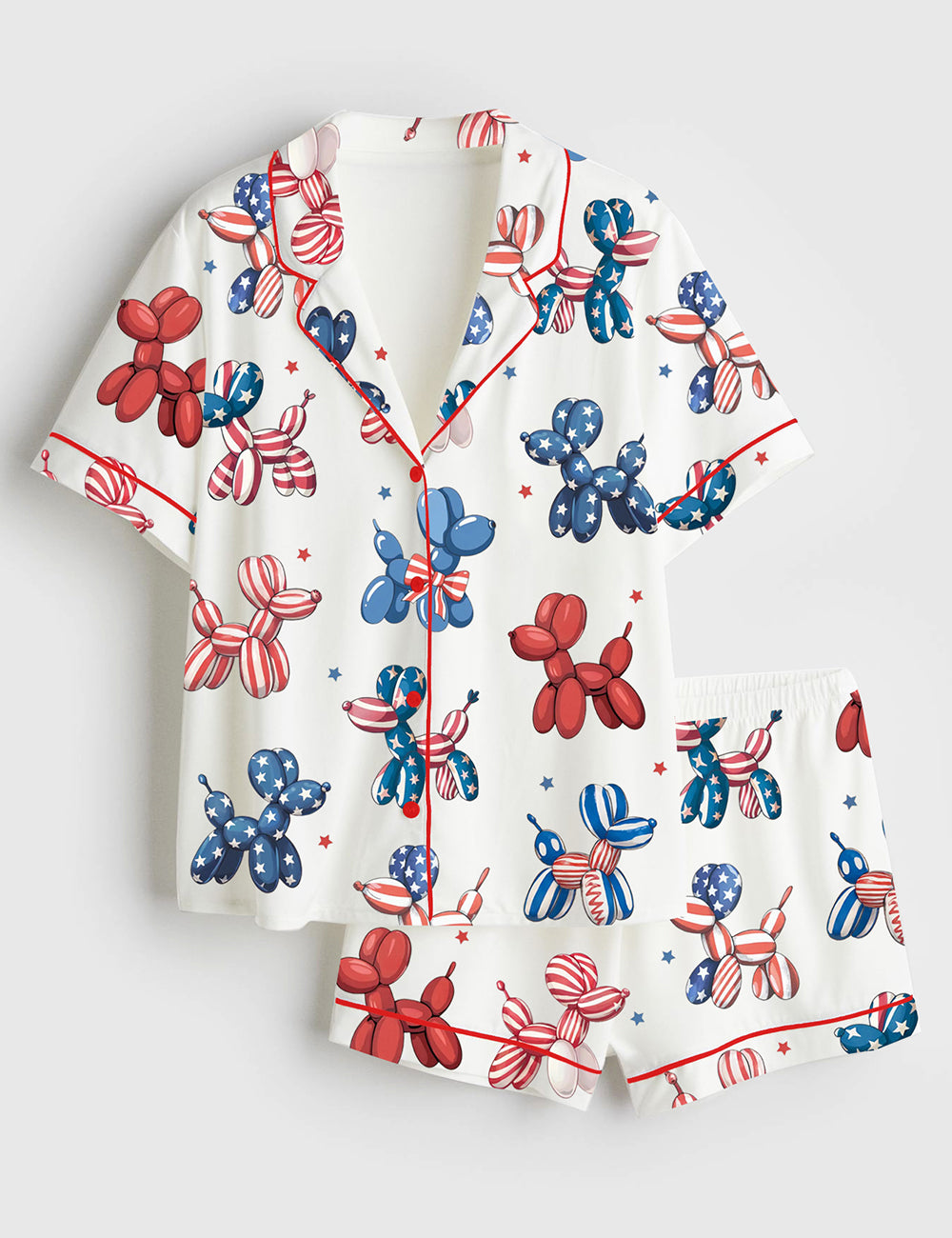 Women’s Patriotic Balloon Dog 4th Of July Animal Red White Blue Star USA Print Short Sleeve Satin Pajama Set