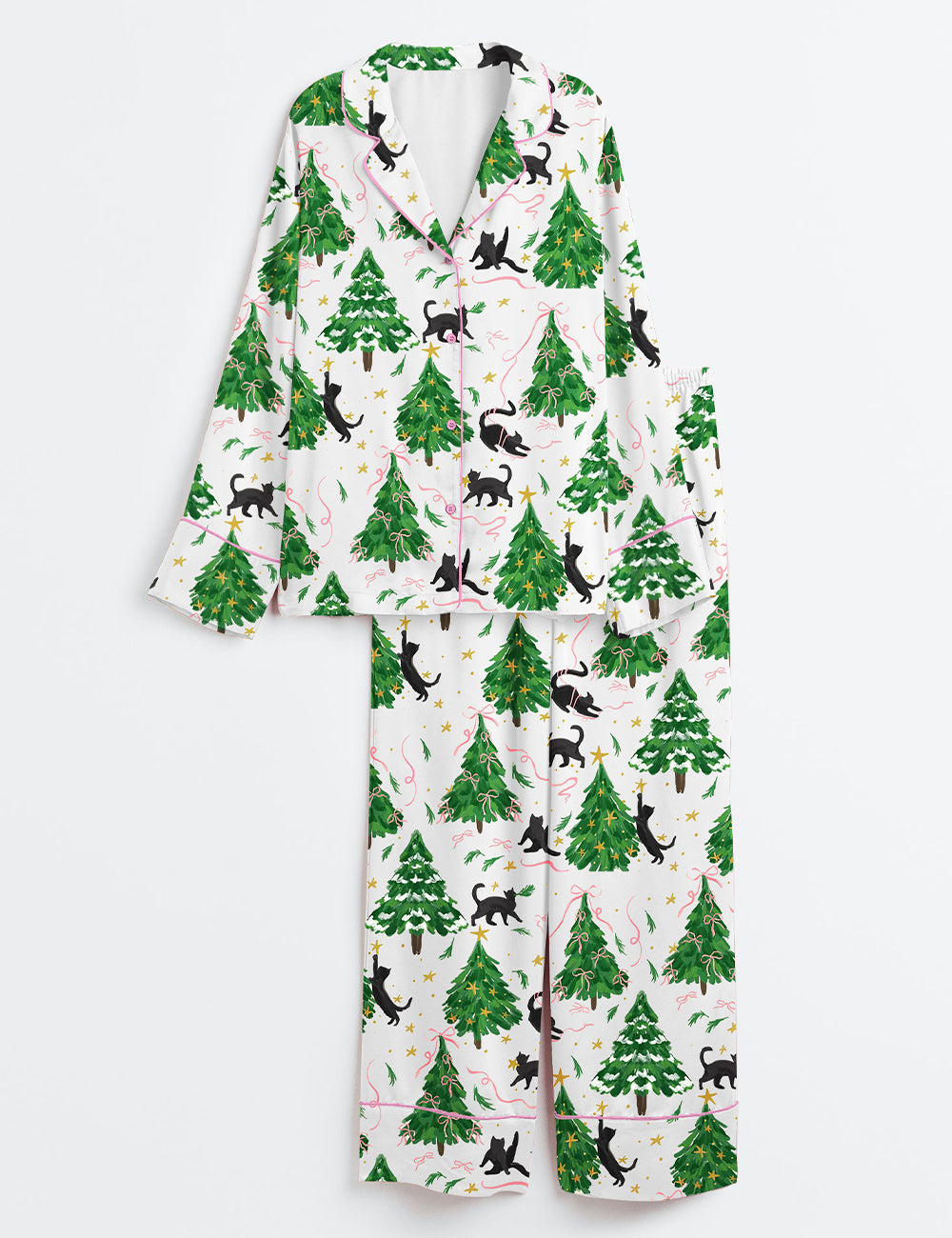 Women’s Christmas Tree Cat Long Sleeve Satin Pajama Set