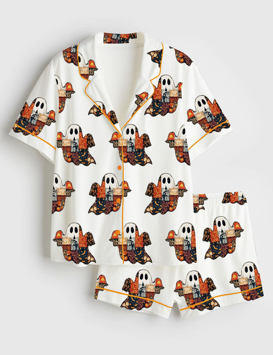 Women’s Halloween Vintage Ghost Cozy Spooky Fall Short Sleeve Satin Pajama Set