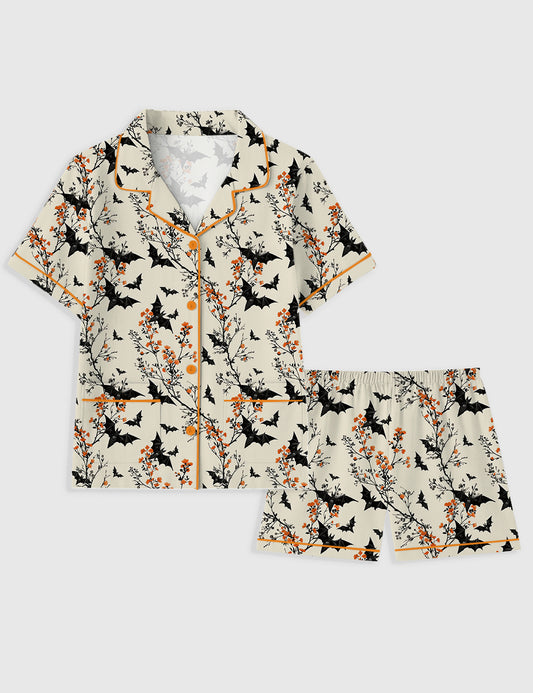 Women's Halloween Bat Short Sleeve Pocket Cotton Pajama Set