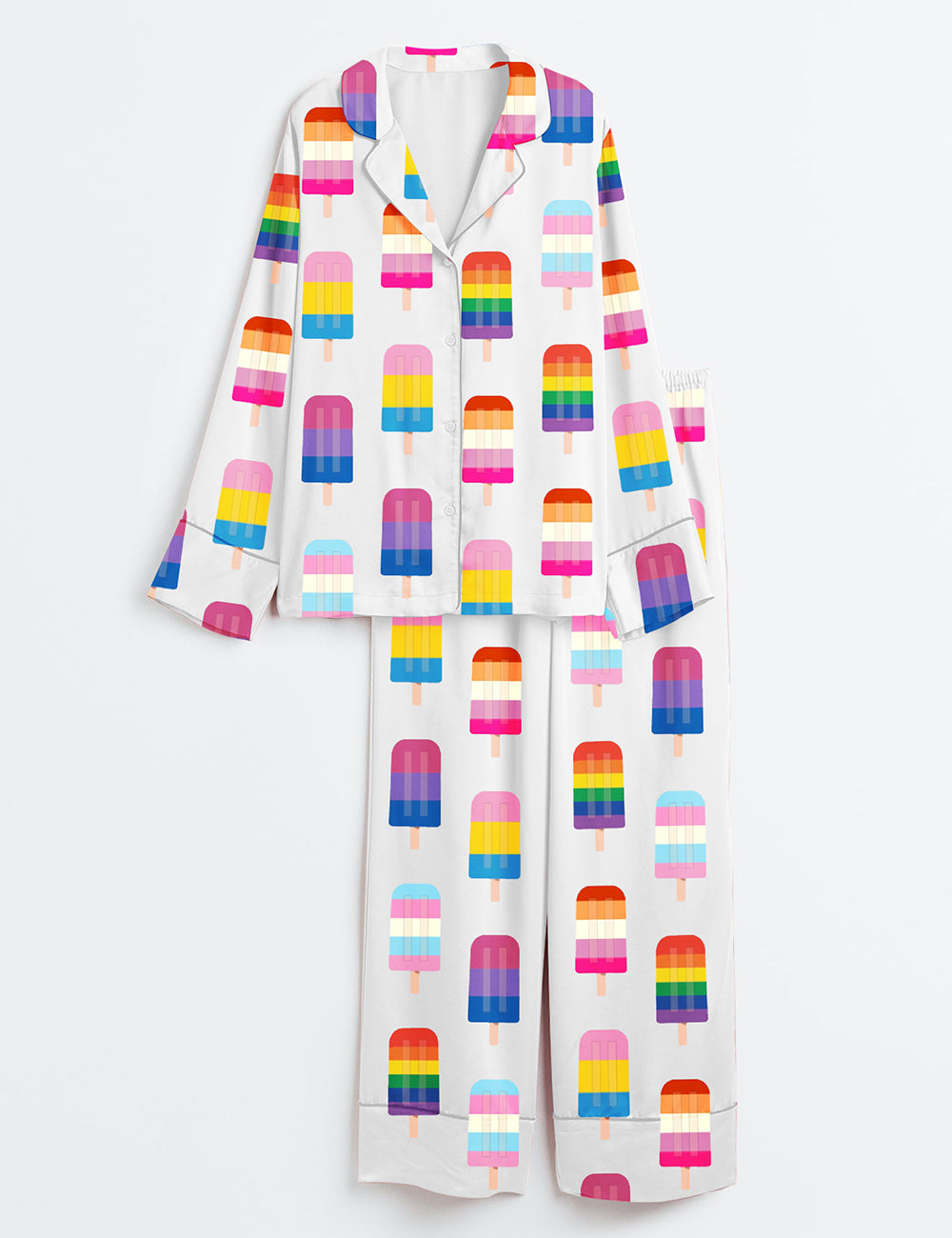 Women’s LGBT Rainbow Popsicles LGBTQ Pride Rainbow Ice Cream Pride Month Print Long Sleeve Satin Pajama Set