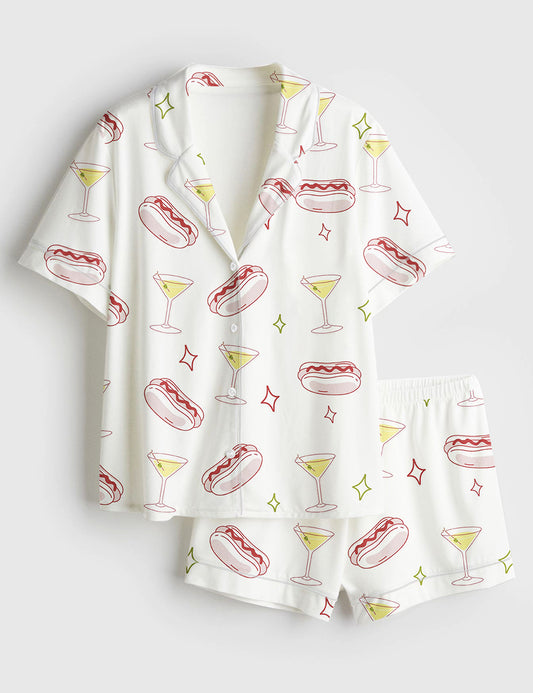 Women’s Weenies And Tinis Bachelorette Hot Dogs And Martinis Print Short Sleeve Satin Pajama Set