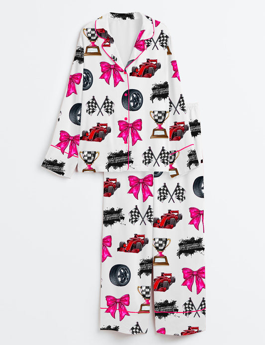 Women’s Race Coquette Bow Racing Flag Long Sleeve Satin Pajama Set