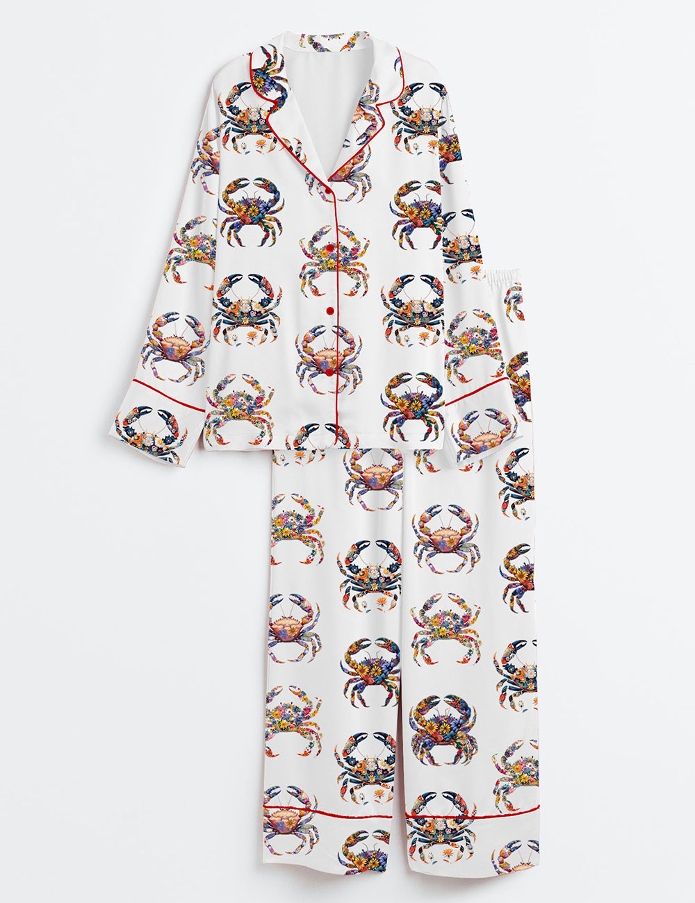 Women’s Crab With Floral Boho Floral Crab Sea Life Coastal Summer Beach Print Long Sleeve Satin Pajama Set