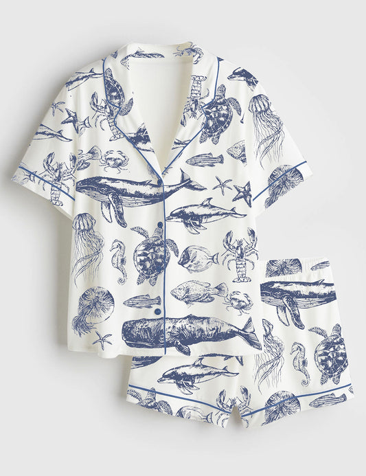 Women’s Vintage 90s Sea Animals Fish Summer Beach Ocean Animals Sea Life Print Short Sleeve Satin Pajama Set