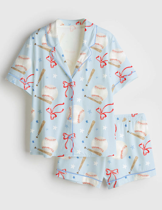Women’s Coquette Baseball Short Sleeve Satin Pajama Set
