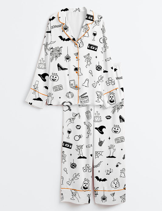 Women’s Hand Drawn Halloween Bachelorette Whimsical Doodles Spooky Clipart for Halloween Movie Night & Witchy Bachelorette Party Invite Long Sleeve Satin Pajama Set