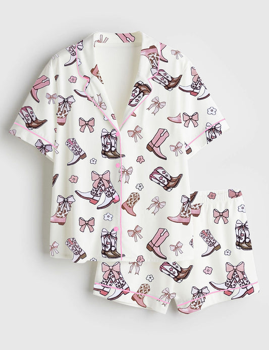 Women’s White And Pink Bows Western Cowboy Boots Coquette Cowgirls Bows Print Short Sleeve Satin Pajama Set