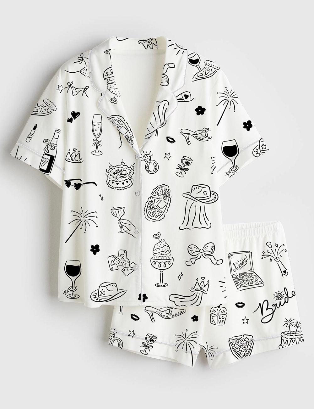 Women’s Hand Drawn Bachelorette Doodle Whimsical Handdrawn Girls Night Bach Party Short Sleeve Satin Pajama Set