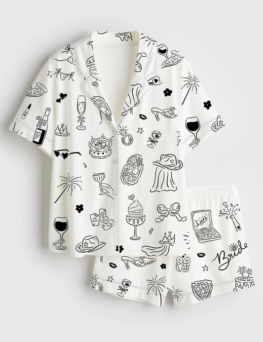 Women’s Hand Drawn Bachelorette Doodle Whimsical Handdrawn Girls Night Bach Party Short Sleeve Satin Pajama Set