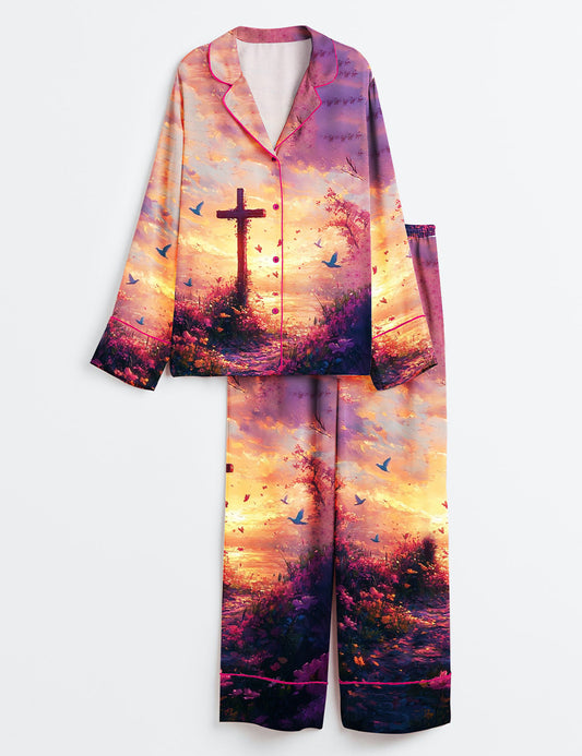 Women’s Christian Floral Cross Jesus Easter Long Sleeve Satin Pajama Set
