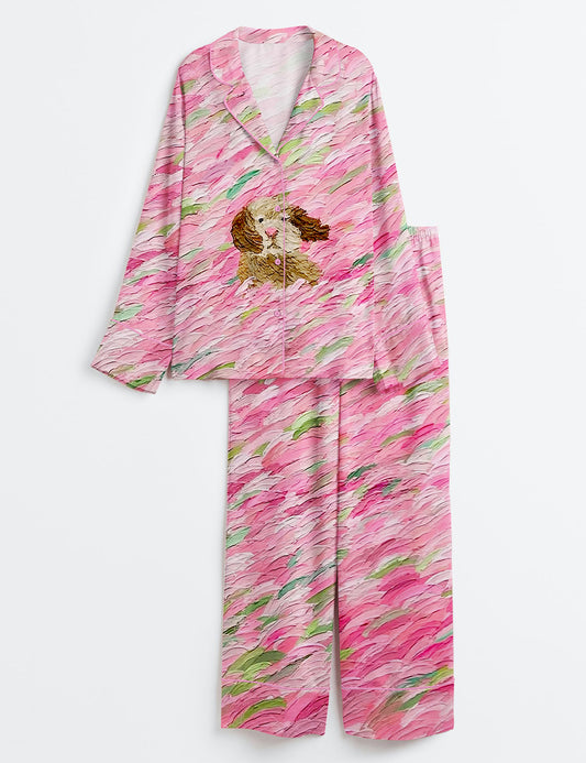 Women’s The Pet Amidst The Pink Petals Dog Lover Long Sleeve Satin Pajama Set