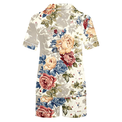 Aloohaidyvio Womens Silk Satin Pajama Set Print Short Sleeve Sleepwear Button Down Pjs Shorts Set Loungewear Sizes L