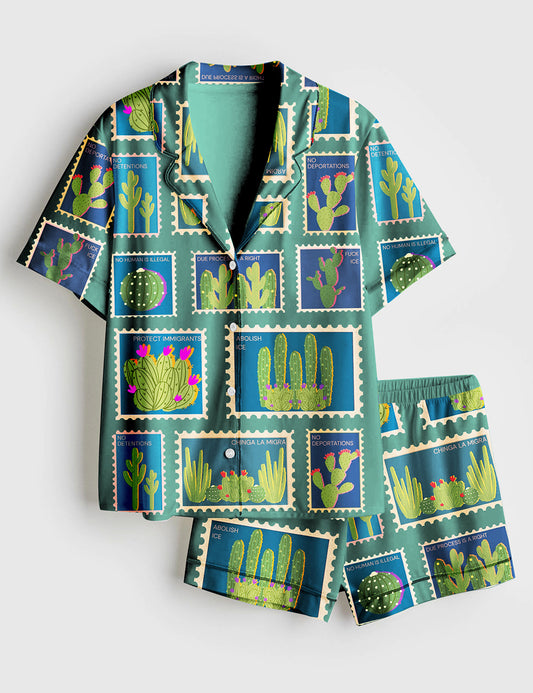 Women’s Vintage Chinga La MigraSecret Message Postage Stamps Anti ICE Tee Abolish Ice Print Short Sleeve Satin Pajama Set